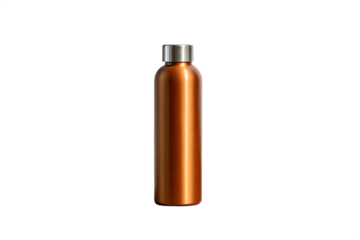 A vibrant, metallic orange-brown reusable water bottle with a sleek silver cap, designed for sustainable hydration and eco-conscious living, presented on a pristine white background