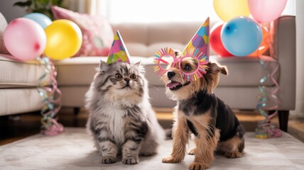 Birthday. Two adorable pets, a fluffy cat and a playful dog, wearing colorful party hats and fun glasses, celebrating a joyful birthday atmosphere with balloons and decorations