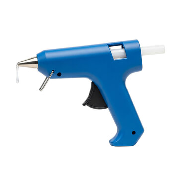 Blue hot glue gun with dripping glue stick isolated on transparent background
