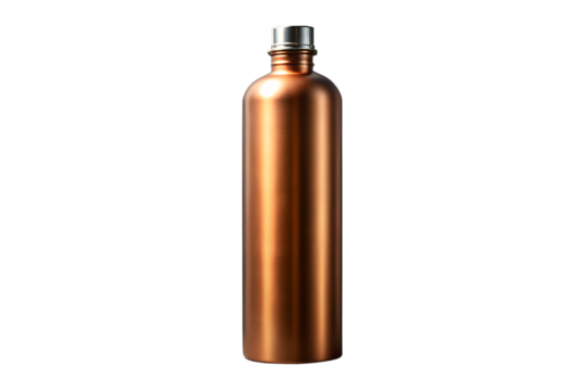 Shiny metallic copper bottle on white background, elegant design for beverage storage and eco-friendly hydration