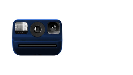 Front view closeup of blue instant photographic camera on white copy-space background.