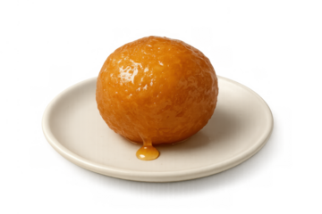 Luqaimat or gulab jamun, a sticky, sweet, deep-fried dessert ball drizzling syrup onto a plate, isolated on a transparent background