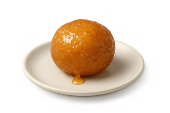Luqaimat or gulab jamun, a sticky, sweet, deep-fried dessert ball drizzling syrup onto a plate, isolated on a transparent background