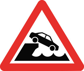 Car Falling Into Water Warning Sign Showing Edge Drop Hazard Inside Red Triangle Road Traffic Symbol