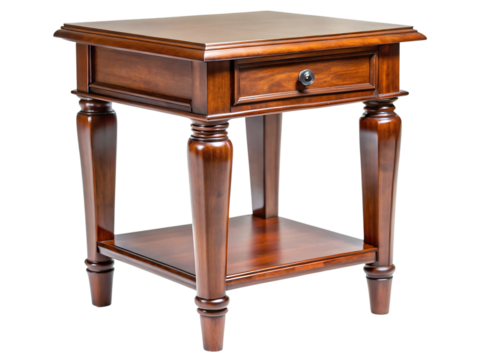 A classic wooden end table with a single drawer and a lower shelf, isolated on transparent background