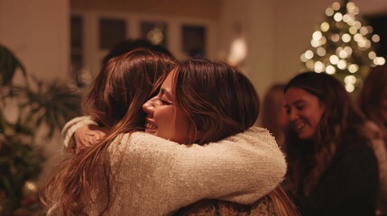 Christmas family hugging arriving for dinner party celebrating festive holiday reunion with friends, enjoying the season at home, 4K footage style
