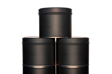 Stack of three dark, round metal tins with lids, isolated on a white background