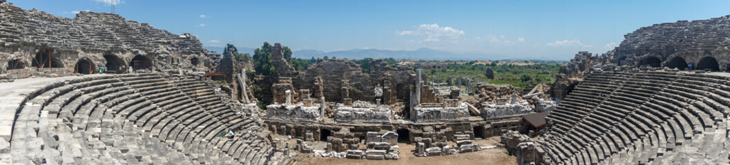 Panoramic photo of Antique stone theatre in the city of Side, Turkey