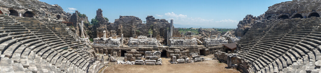 Panoramic photo of Antique stone theatre in the city of Side, Turkey