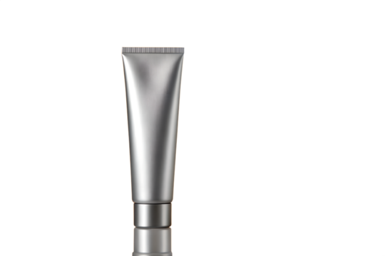 Sleek silver metallic cosmetic tube isolated on a reflective white background, a blank mockup for beauty product packaging and branding design