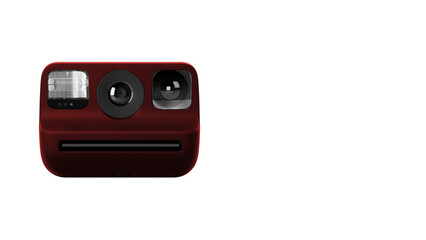 Front view closeup of red instant photographic camera on white copy-space background.