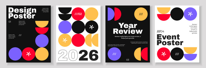 Minimal abstract design layout for annual report, event, or 2026 creative calendar. Modern Creative Poster Templates with geometric shapes and bold typography in purple, red, and gold colors.