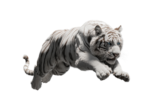 White Tiger Leaping Mid-Air on Transparent Background. Tiger Alpha, Cut-out.