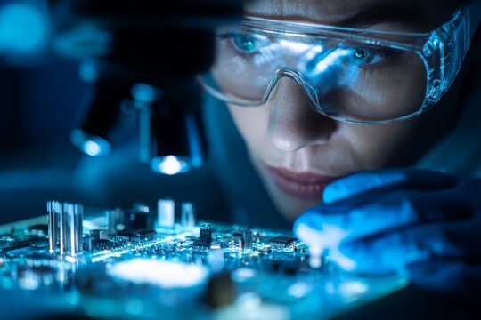 Female scientist intently examines microchip with microscope, wearing safety glasses and gloves in clean laboratory environment, illuminated by blue light, close up.