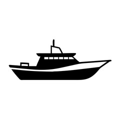 Naklejka premium A black silhouette of a modern motor yacht with a white stripe on its hull, isolated on a
