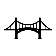 Fototapeta premium A black silhouette of a suspension bridge with two towers and a curved deck, isolated on a