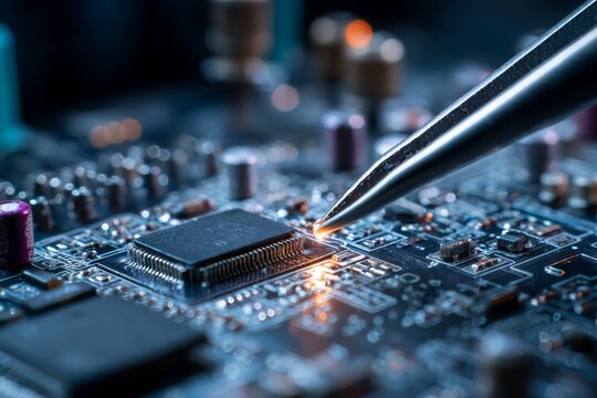 Soldering a computer chip on a circuit board with a soldering iron, showcasing the intricate details of modern technology and electronic repair with precision.