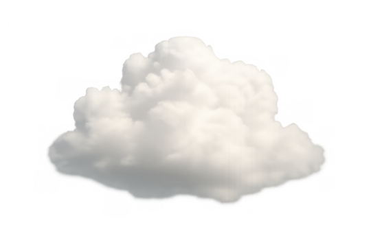White fluffy cumulus cloud fragment floating, isolated on a transparent background, depicting a weather element