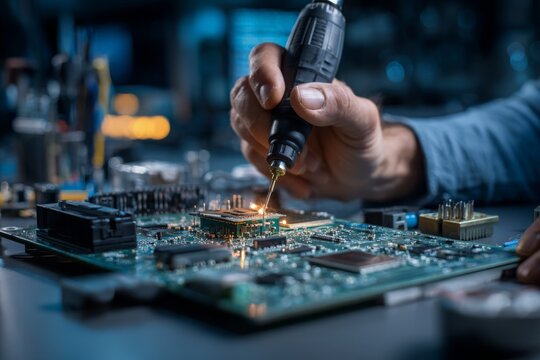 Close up of a technician soldering a chip on a circuit board, repairing electronics with sparks and precision in a modern technology workshop environment.