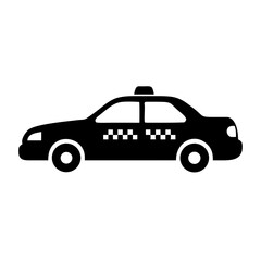 Side view of a black taxi car icon with checkered pattern, isolated on