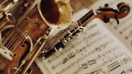 Various musical instruments lie on sheet music of a symphony