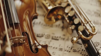 Various musical instruments lie on sheet music of a symphony