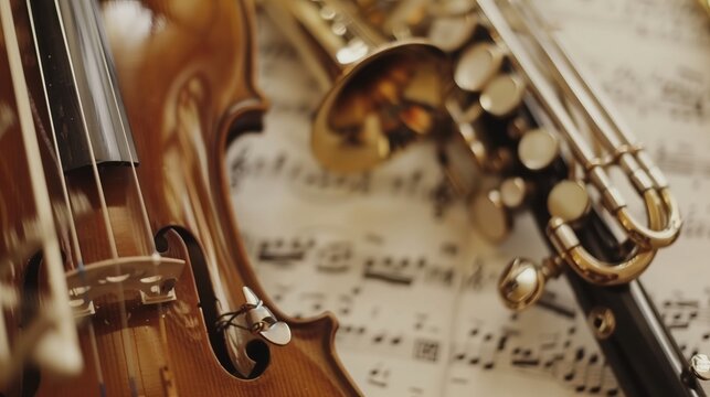 Various musical instruments lie on sheet music of a symphony