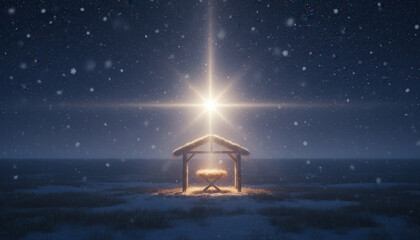 A nativity scene with an empty manger under the glowing star of Bethlehem. Christian Christmas story on a holy, snowy night