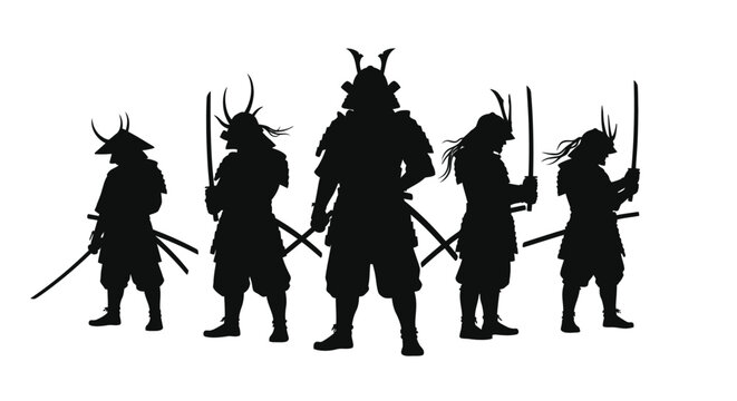 Silhouettes of five samurai warriors standing with swords in a line