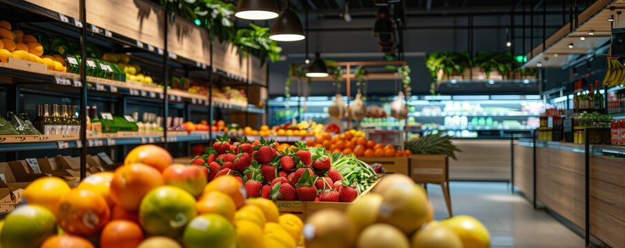 A supermarket with lots of fresh and healthy fruits and vegetables on shelves