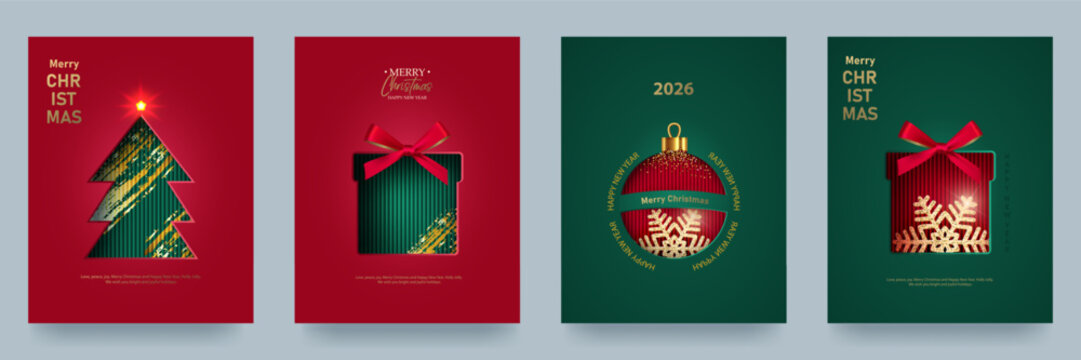 A set of Christmas cards. Christmas trees, baubles, and gift boxes cut out of paper on a bright background. An elegant festive design for celebrating the winter holidays and product presentations.