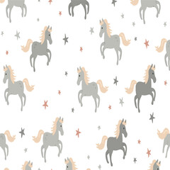 Fototapeta premium Cute seamless pattern with grey horses and stars in boho style. Pajamas and T-shirt design. Vector illustration zodiac animals on white background