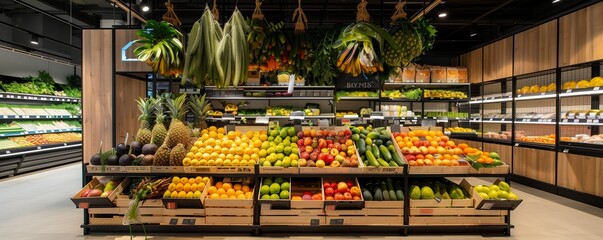 A supermarket with lots of fresh and healthy fruits and vegetables on shelves