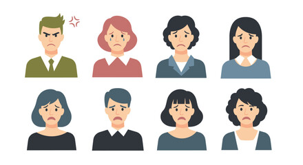 Set of diverse people expressing negative emotions like anger, sadness, and disappointment through facial expressions