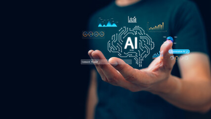 Hand presenting a glowing AI brain-shaped circuit with charts, analytics, and command elements, symbolizing generative AI, data intelligence, smart automation, and advanced digital innovation.