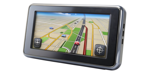 Portable gps navigation device displaying a road map with a route highlighted, isolated on transparent background