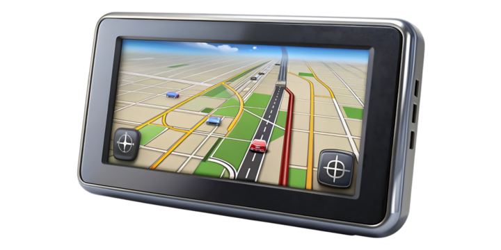 Portable gps navigation device displaying a road map with a route highlighted, isolated on transparent background