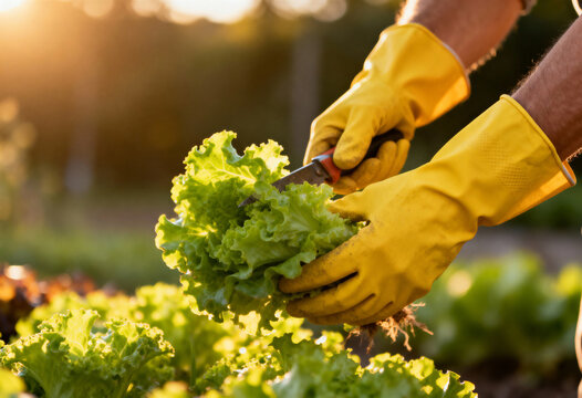A gardener in yellow gloves harvesting fresh green lettuce with a knife in a sunlit garden. Close-up of a farmer cutting organic vegetables at sunset. Healthy food and sustainable agriculture concept