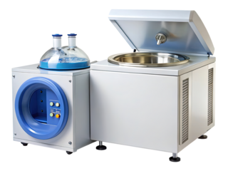 Laboratory equipment for scientific research and analysis, featuring a distillation apparatus with glass flasks and a control panel, isolated on transparent background