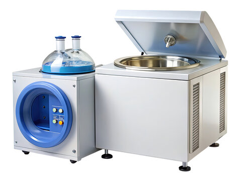 Laboratory equipment for scientific research and analysis, featuring a distillation apparatus with glass flasks and a control panel, isolated on transparent background