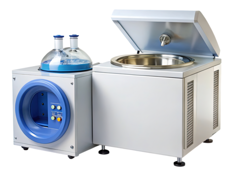 Laboratory equipment for scientific research and analysis, featuring a distillation apparatus with glass flasks and a control panel, isolated on transparent background