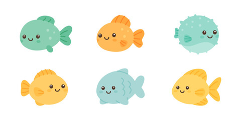 Obraz premium Set of colorful tropical fish. Cute marine animals with happy faces for kids ocean-themed designs