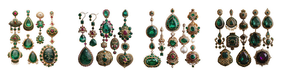 Exquisite collection of antique drop earrings featuring emeralds and intricate gold settings, isolated on transparent background