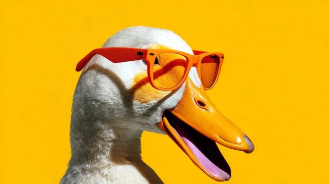 Funny Duck Wearing Orange Sunglasses on Yellow Background
