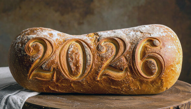 The Year of the Loaf: A freshly baked loaf of bread, meticulously engraved with the year 2026, rests on a rustic wooden surface. The golden crust suggests warmth and anticipation for the future.