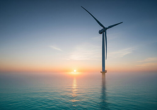 Offshore Wind Turbine Generating Clean Energy at Sunrise Over a Calm Turquoise Ocean