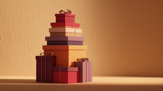 Stacked colorful gift boxes on a light background for Boxing Day  