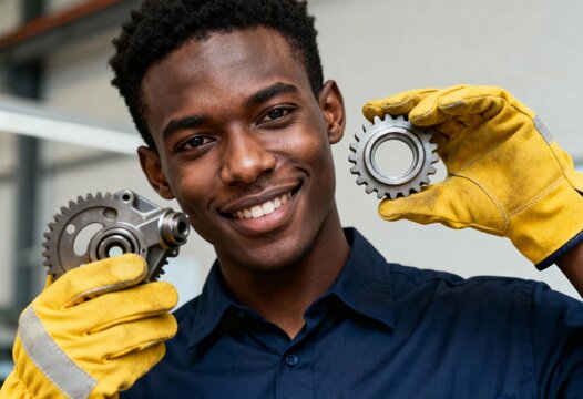 A happy young Black mechanic holding metal gears in a workshop. Professional engineer smiling with machine parts and wearing protective gloves