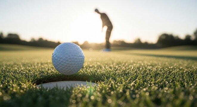 Golf ball positioned near hole on lush green grass, with a golfer in the background preparing to putt, capturing the essence of the game and its serene environment