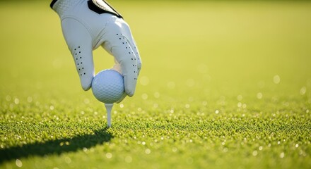 Golfer in white glove carefully placing golf ball on tee, surrounded by lush green grass, capturing the essence of precision and focus in the game of golf